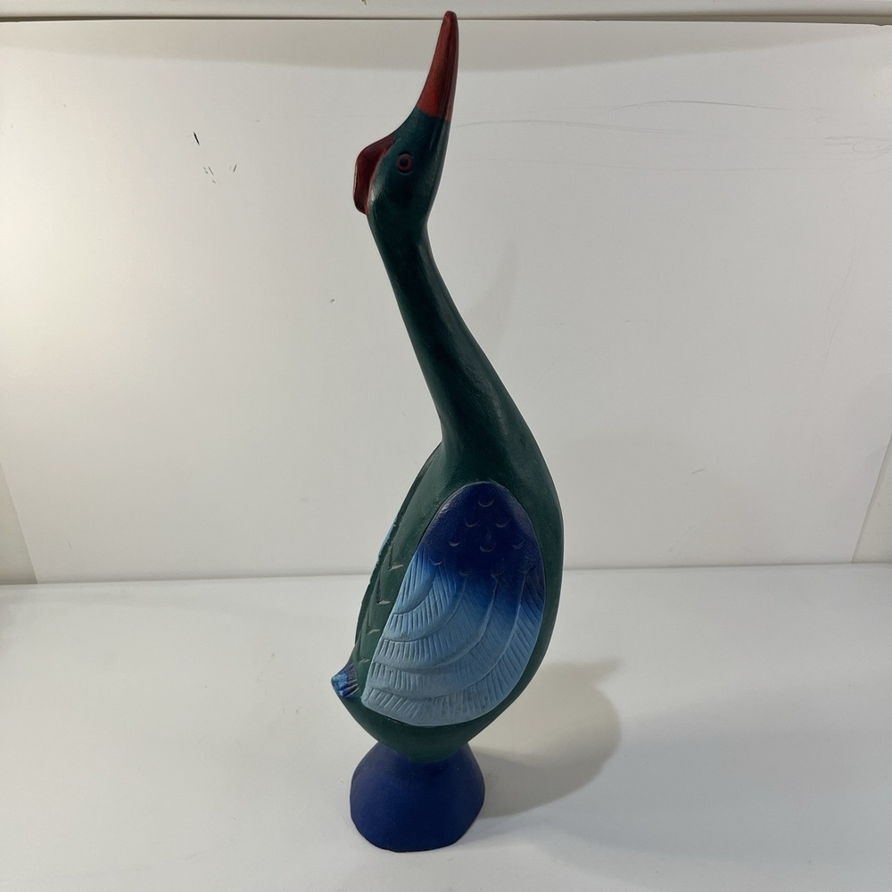 Vtg MCM Wood Swan‎ Long Neck Figurine 18.5" Green Blue Crane Thailand Carved